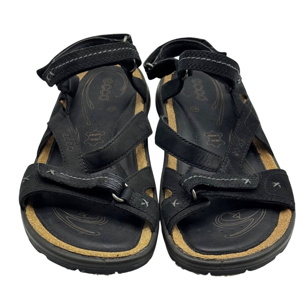 Ecco Black Leather Sandals Womens EU 40/US 9-9.5 Cork Hook Loop Outdoor Comfort - Picture 9 of 15
